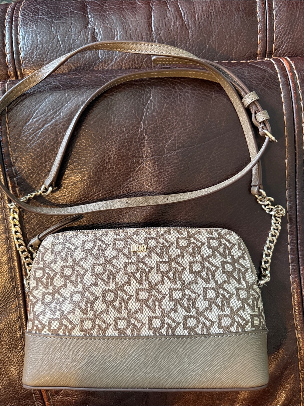 DKNY Taupe Monogram Dome Crossbody with Gold Accent